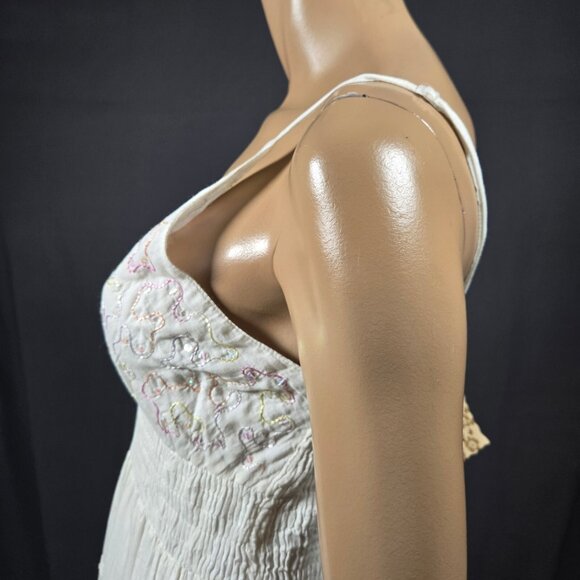 Y2k White Cotton Midi peasant dress Size XL Embroidered Crochet Lace Fairy Boho - Picture 9 of 13